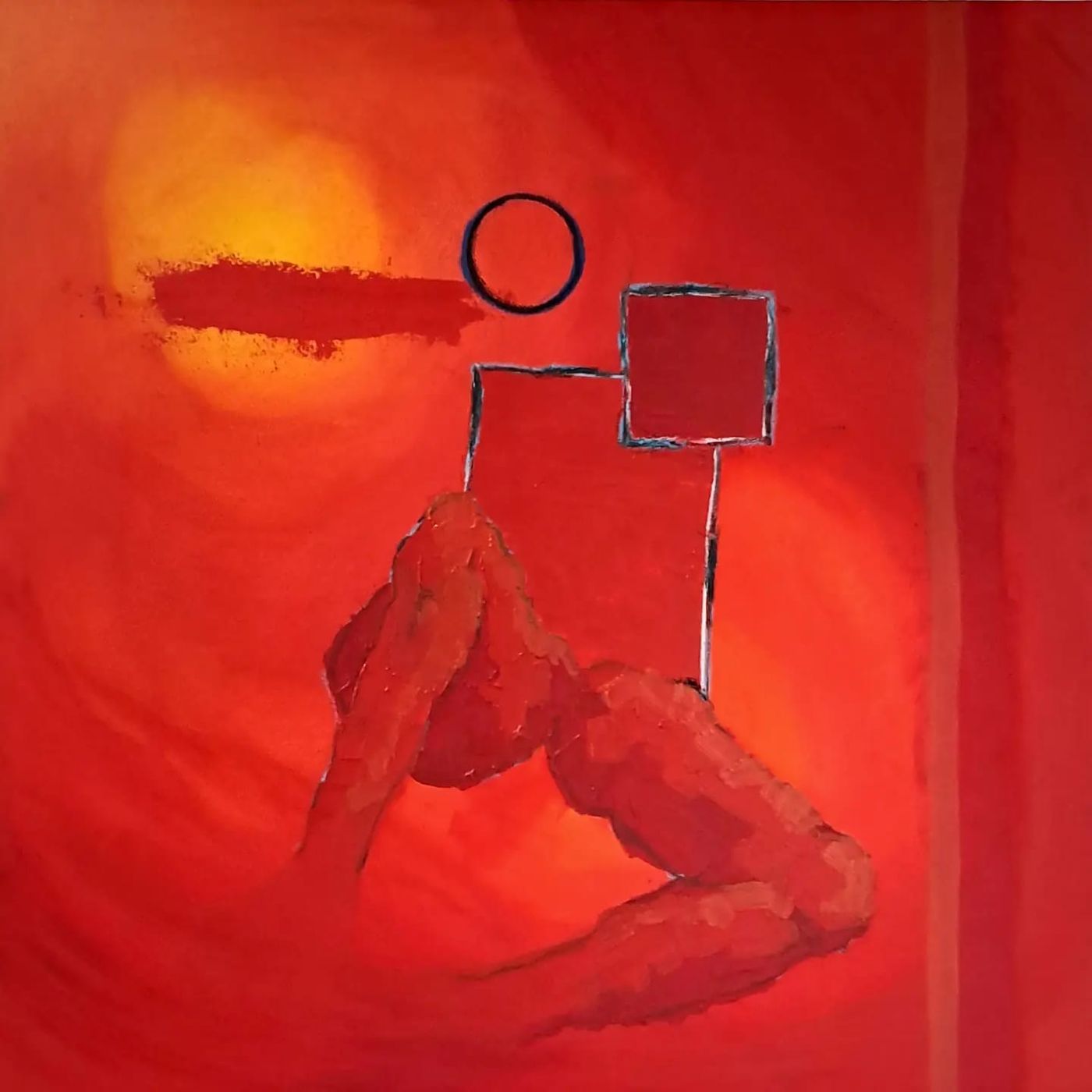 Untitled. Red painting with a seated figure, a circle and squares