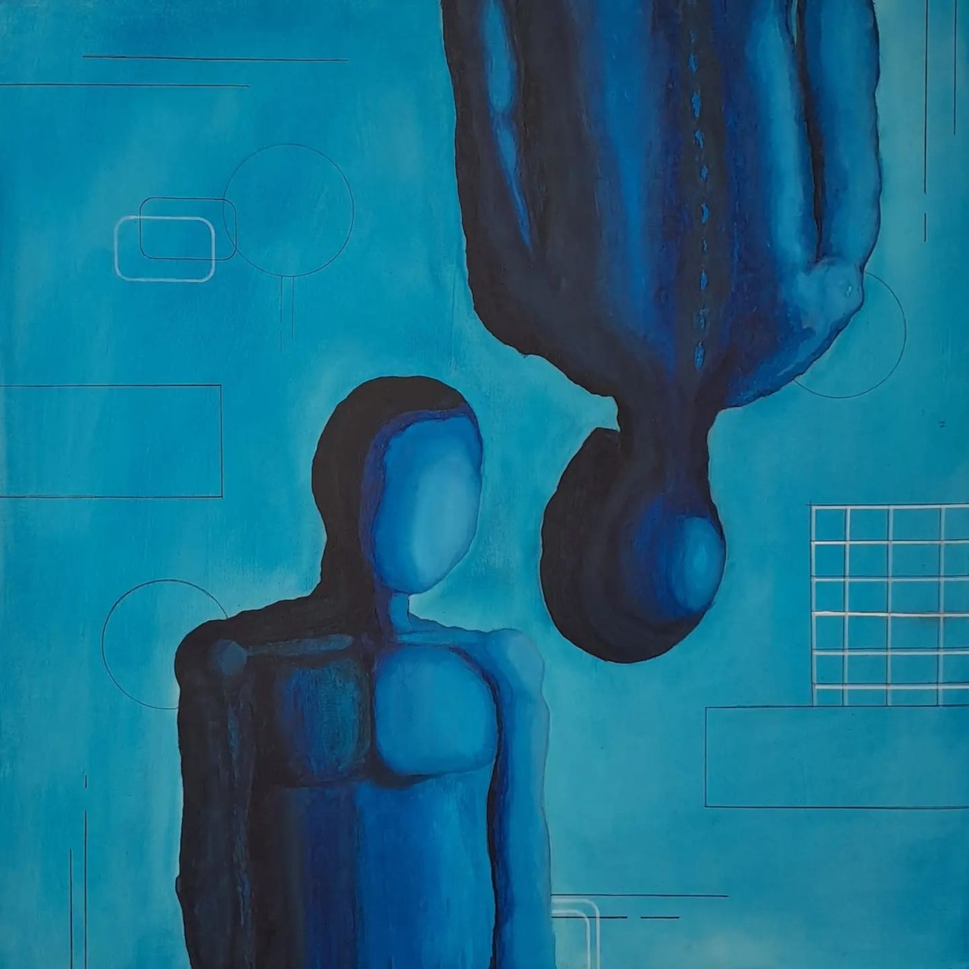 Untitled. Blue painting of two faceless figures