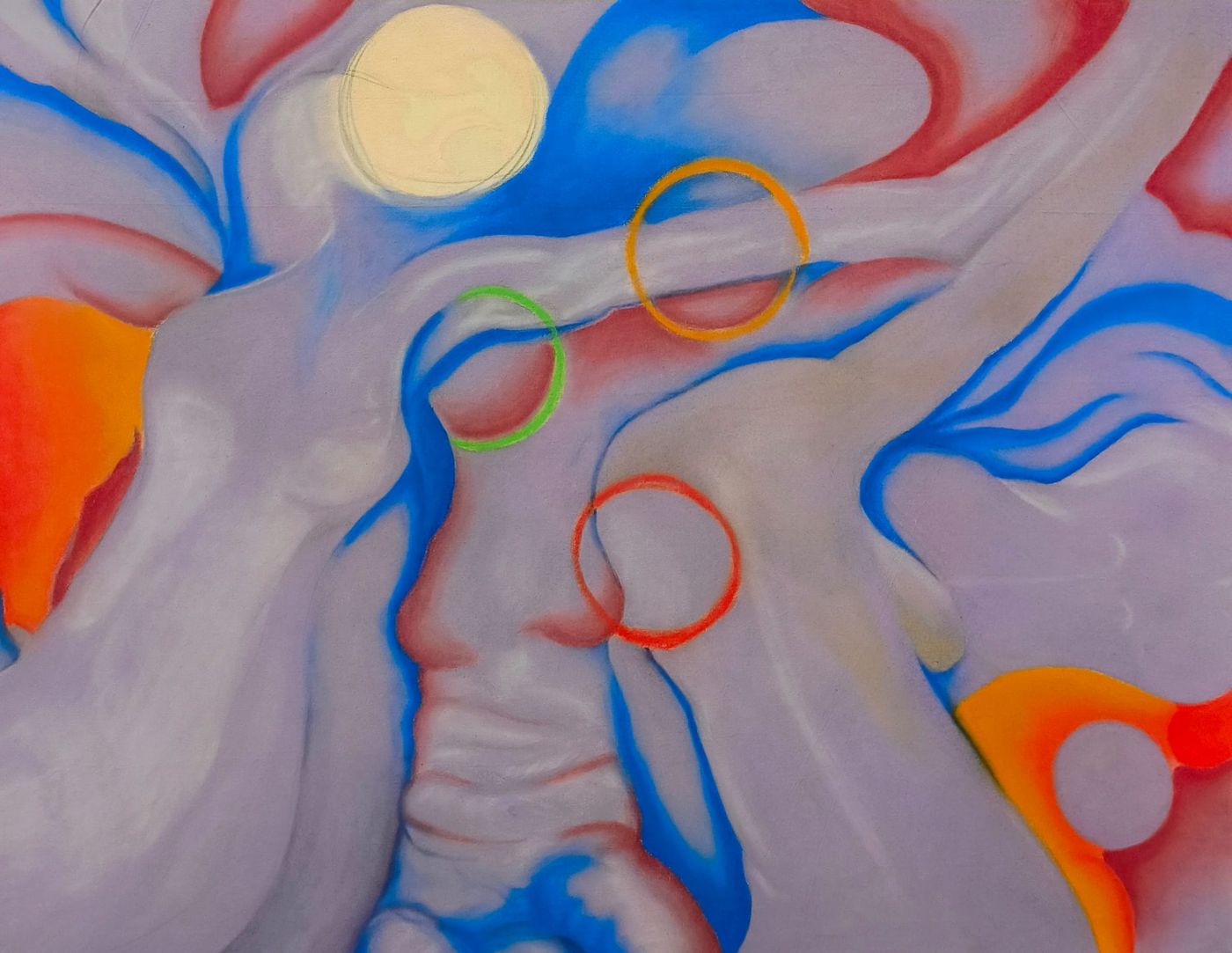 LUst. Pastel drawing in lilac, blue and orange with coloured rings