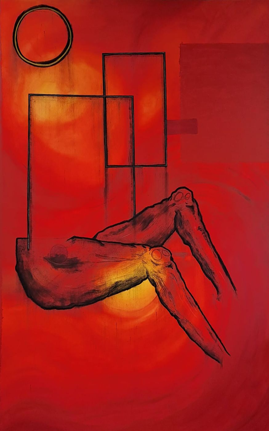 Untitled. Red painting with reclining legs and outlined rectangles